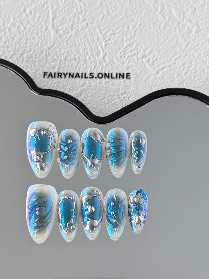 Aqua Pulse Press-On Nails – Electric Blue Glossy Finish