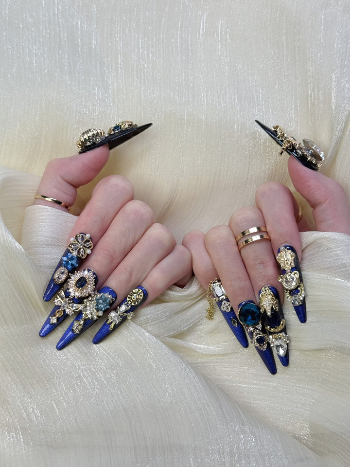 Close-up of Little Sapphire Press-On Nails – Deep Sapphire Blue Nail Art