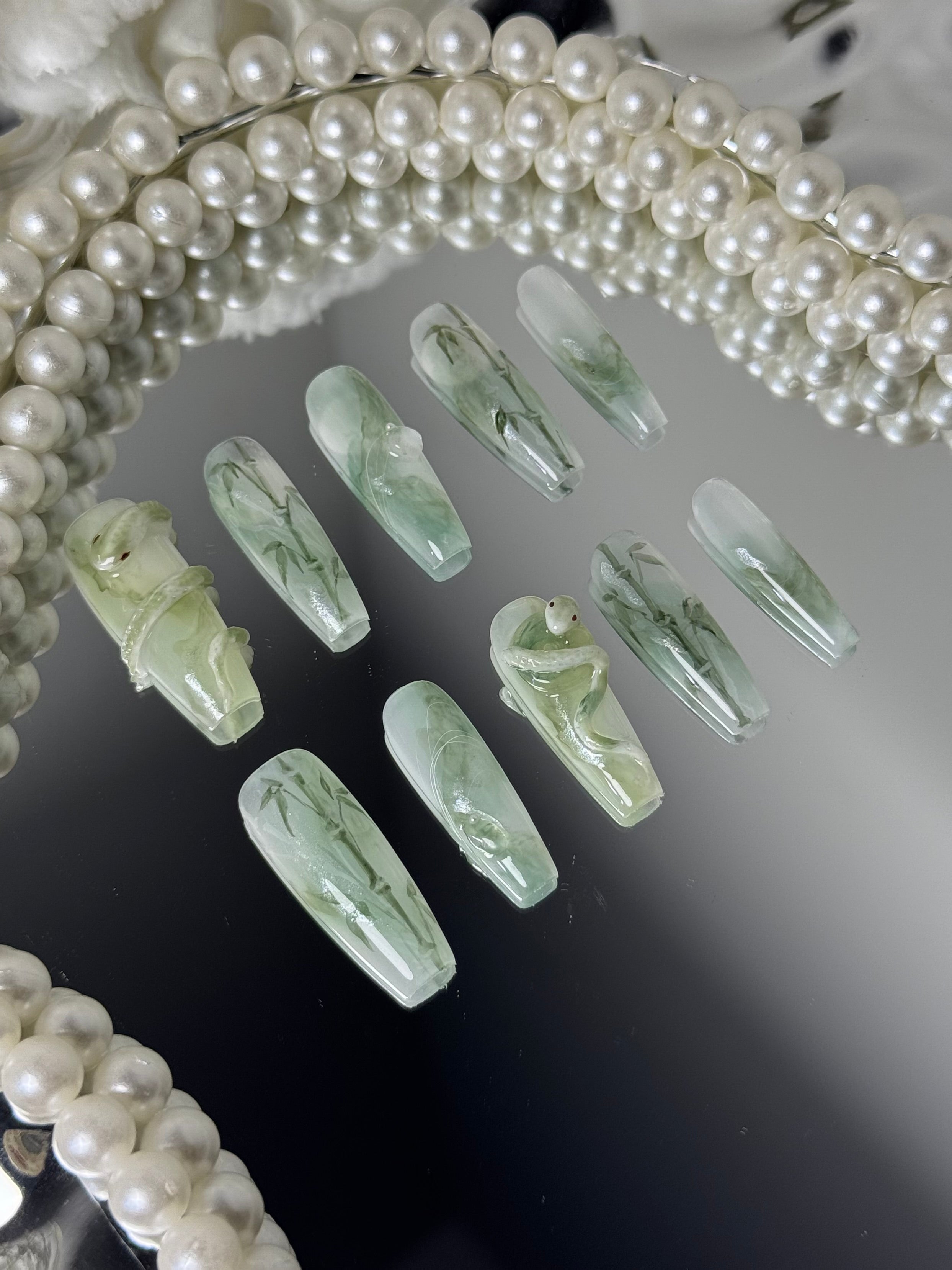 Close-up of Jade Serpent Nails – Glossy Emerald Green Press-On Nails