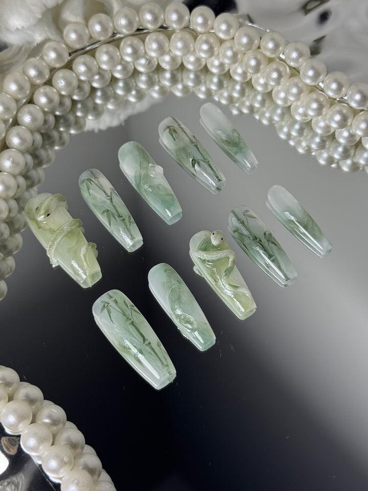 Close-up of Jade Serpent Nails – Glossy Emerald Green Press-On Nails
