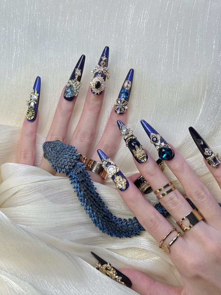 Model Wearing Little Sapphire Press-On Nails – Perfect for Weddings and Formal Events