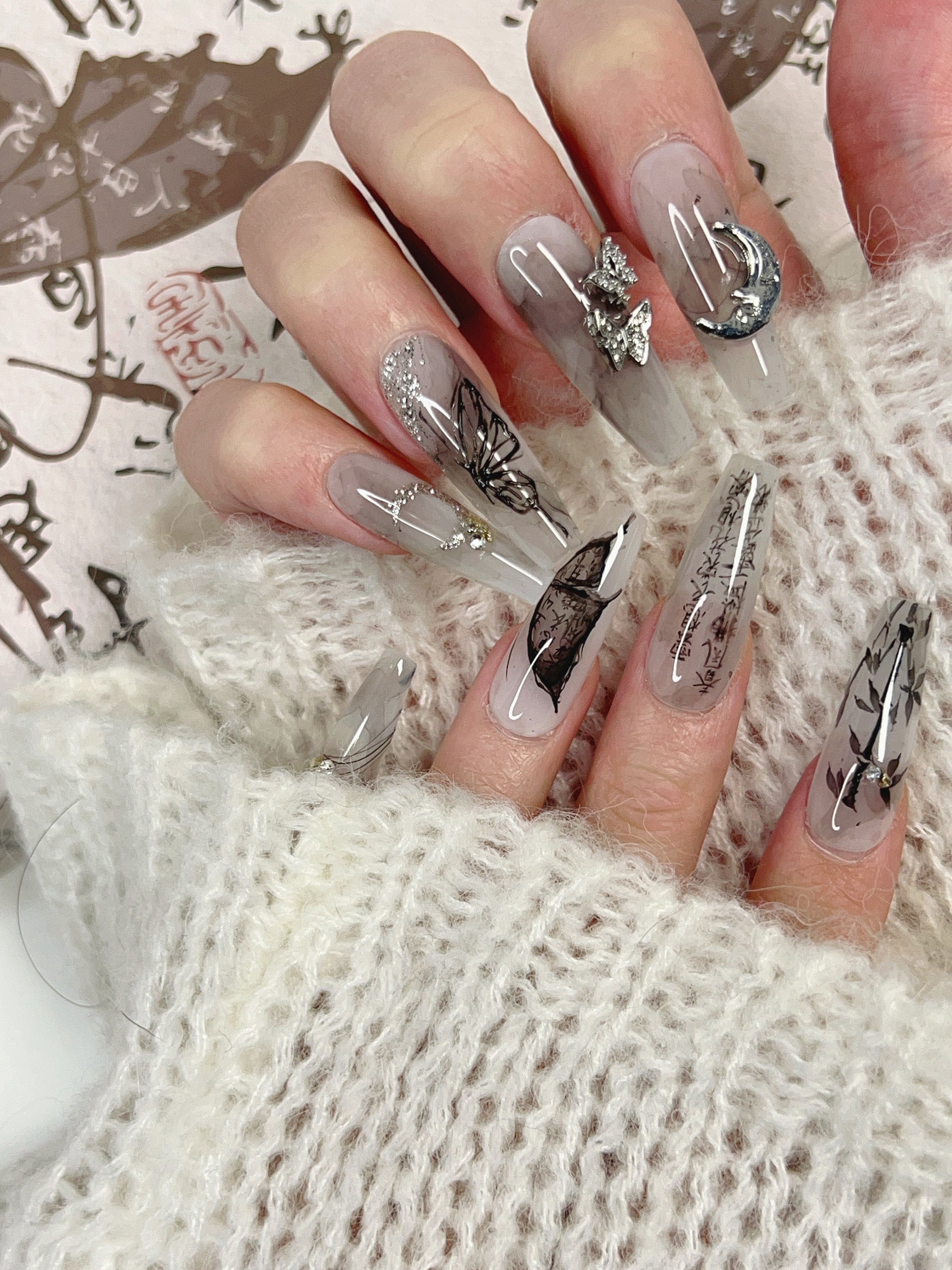 Close-up of Inked Moon Press-On Nails – High-Quality Celestial Design
