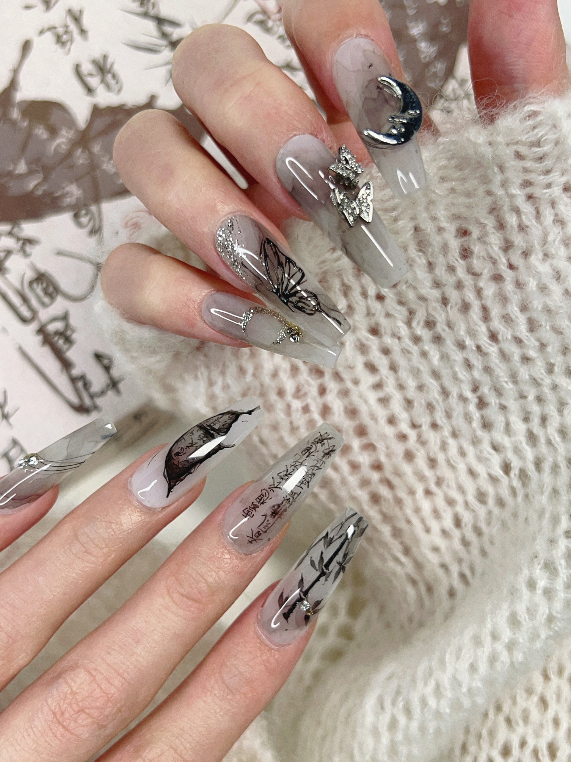 Close-up of Inked Moon Press-On Nails – High-Quality Celestial Design