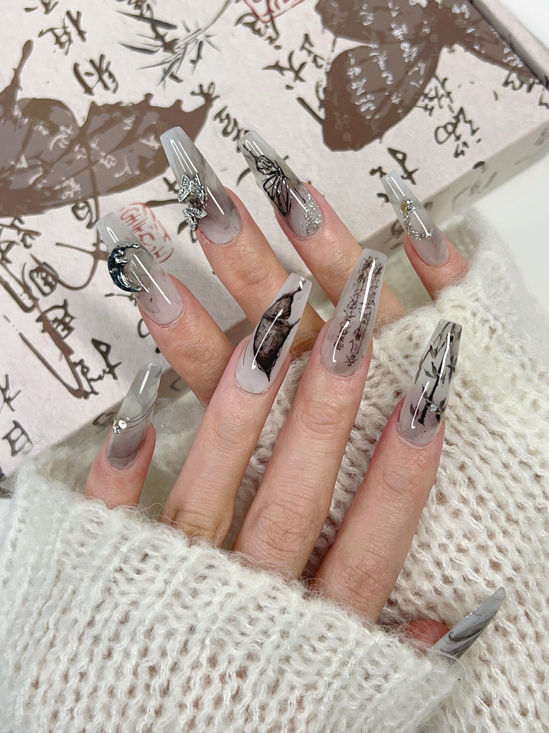 Close-up of Inked Moon Press-On Nails – High-Quality Celestial Design