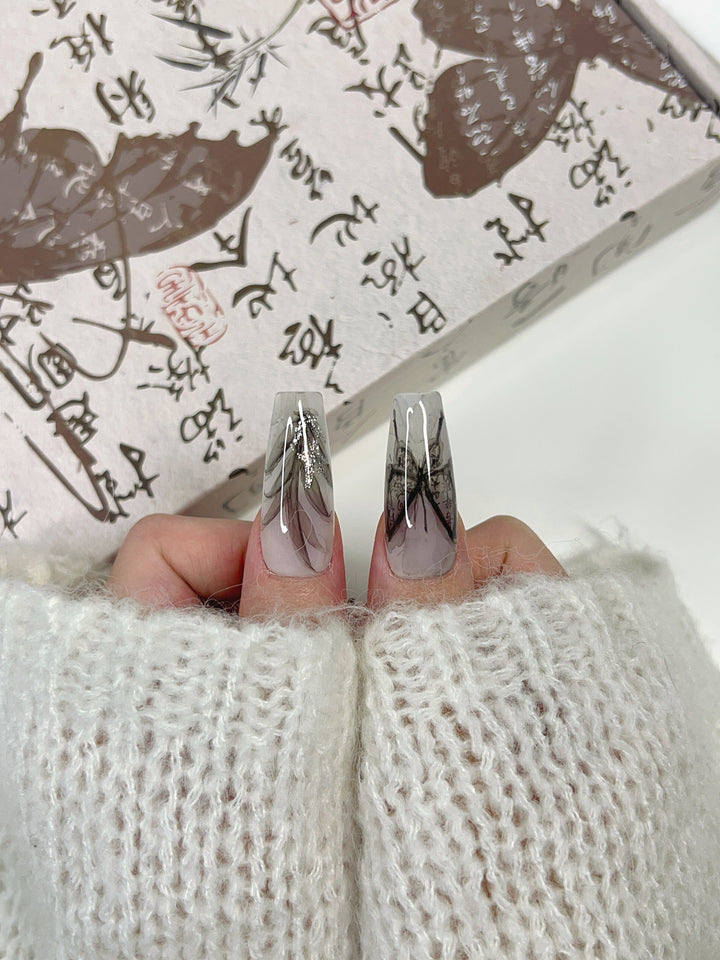 Close-up of Inked Moon Press-On Nails – High-Quality Celestial Design