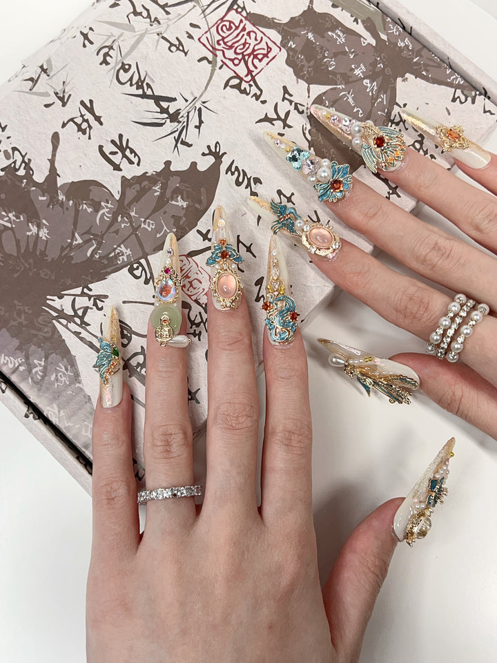 Model Wearing Phoenix Nirvana Press-On Nails – Perfect for Glamorous Events