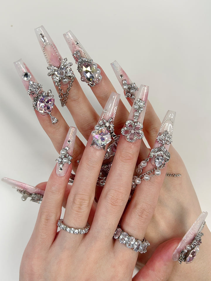 Model Wearing Pink Aurora Press-On Nails – Perfect for Romantic Events