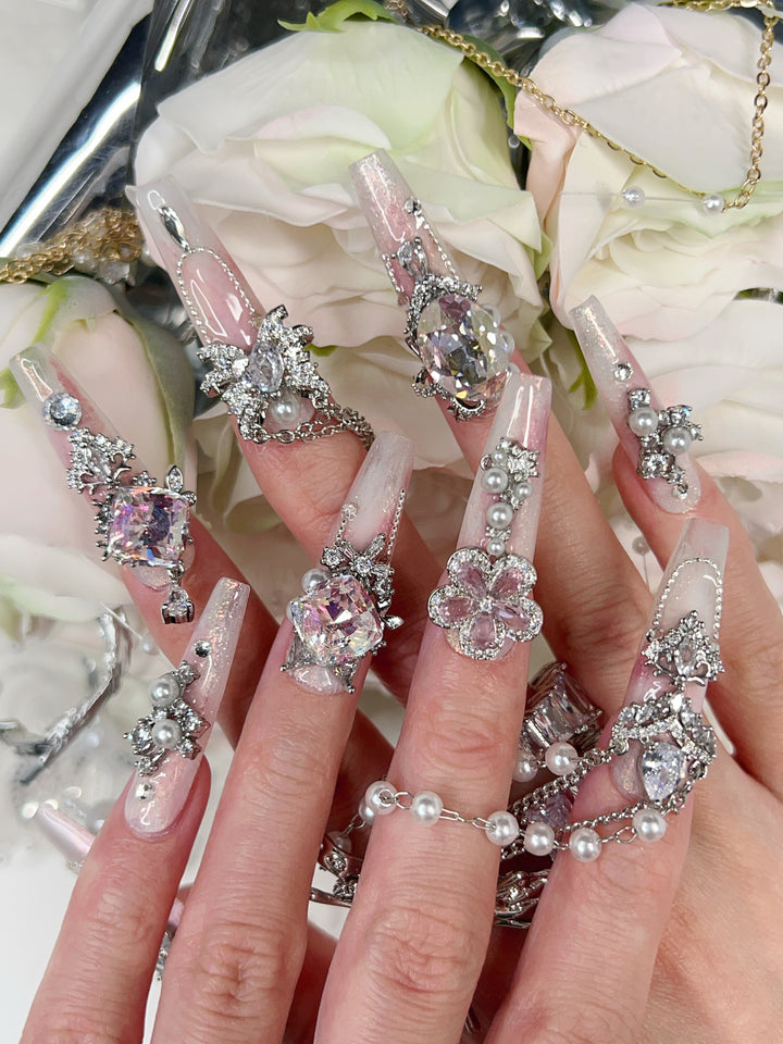 Model Wearing Pink Aurora Press-On Nails – Perfect for Romantic Events