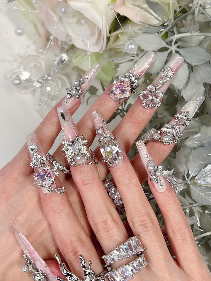 Model Wearing Pink Aurora Press-On Nails – Perfect for Romantic Events