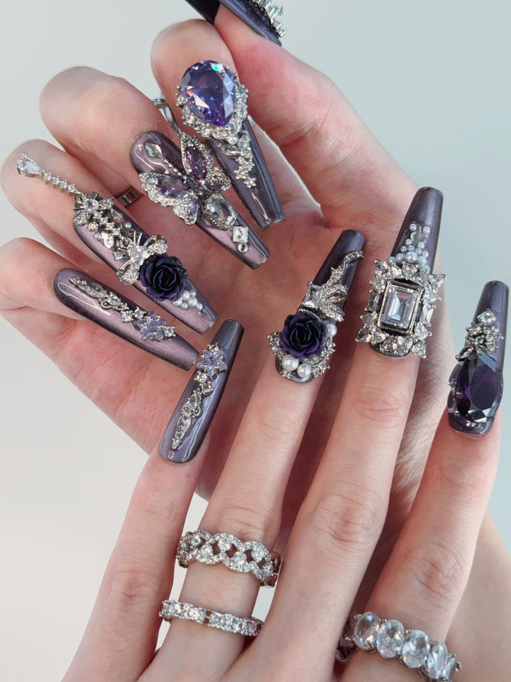 Model Wearing Purple Reign Press-On Nails – Perfect for Evening Events
