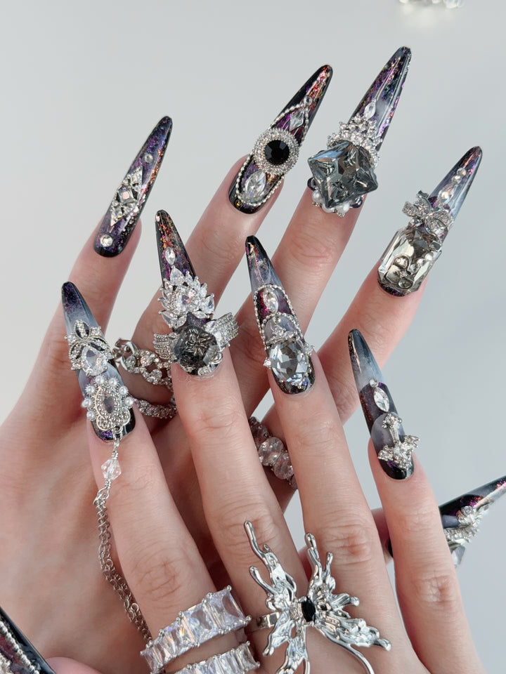 Model Wearing Starlit Noir Press-On Nails – Perfect for Evening Events
