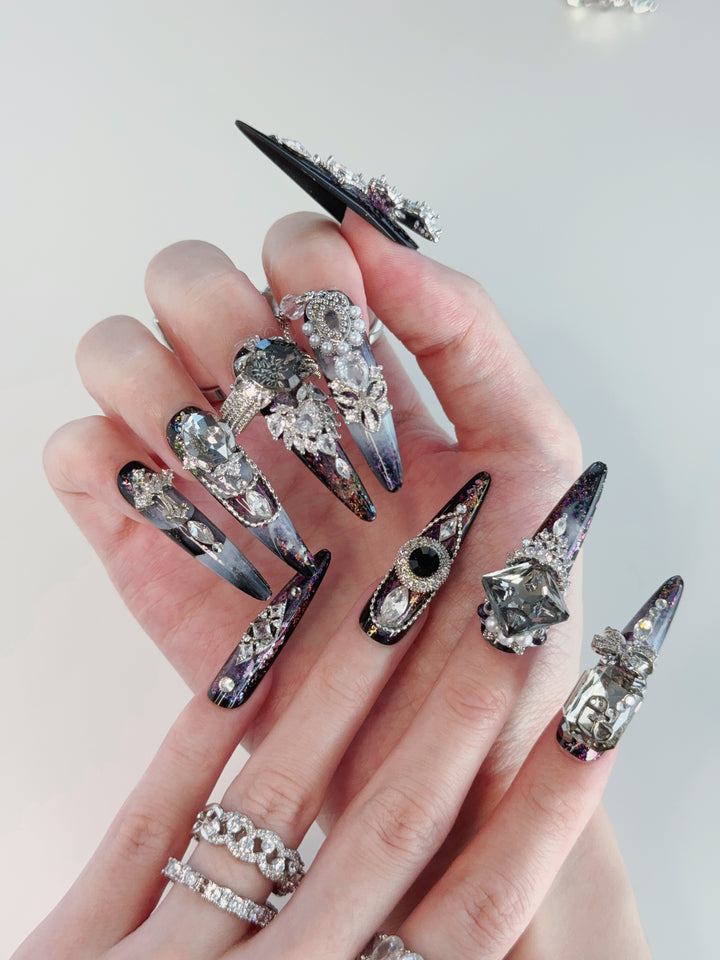 Model Wearing Starlit Noir Press-On Nails – Perfect for Evening Events