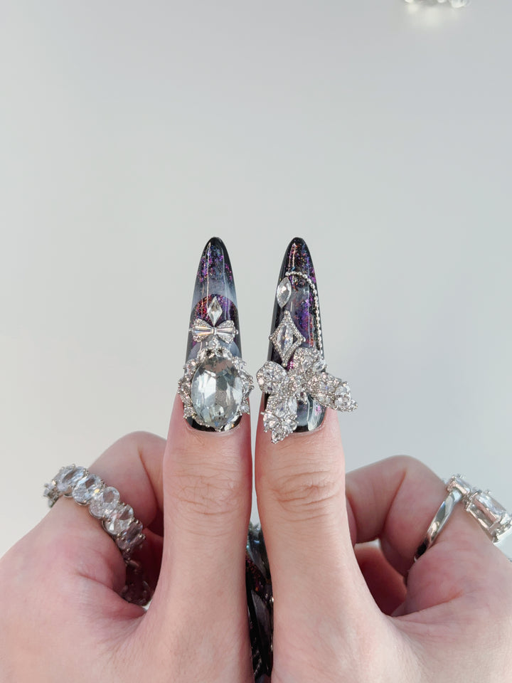 Close-up of Starlit Noir Press-On Nails – High-Quality Starry Night Design